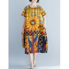 Contrast Color Floral Print O-neck Short Sleeve Pocket Midi Dress
