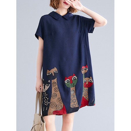 Short Sleeve Lapel Loose Back Button Animal Printed Dress For Women