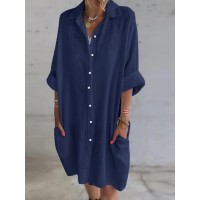 Women 100% Cotton Side Pockets Shirt Solid Buttons Lapel Midi Dresses