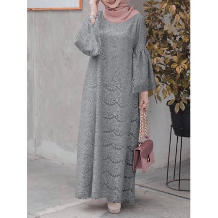 Women Abaya Kaftan Lace Patchwork Falre Sleeve Ankle Length Casual Midi Dresses