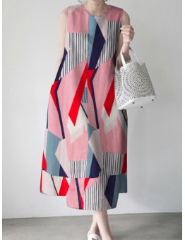 Women Cotton O-Neck Camisole Straps Geometric Dress With Side Pockets