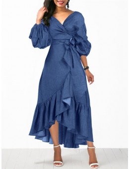 Women Denim Irregular Ruffle Hem Puff Sleeve Belted V-Neck Midi Dress