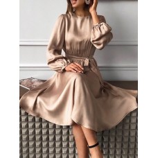 Women Puff Sleeve O-Neck Solid Pleated Casual Stylish Fitting Dress