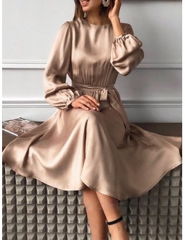 Women Puff Sleeve O-Neck Solid Pleated Casual Stylish Fitting Dress