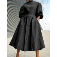 Women Puff Sleeve Pleated Solid Color Stand Collar Back Zipper Calf Length Midi Dresses