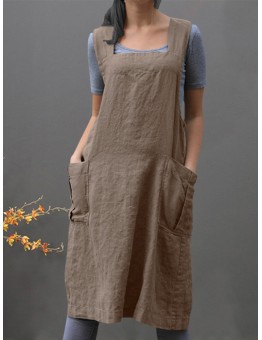 Women Sleeveless Side Pockets Cotton Loose Solid Color Vintage Apron Dress