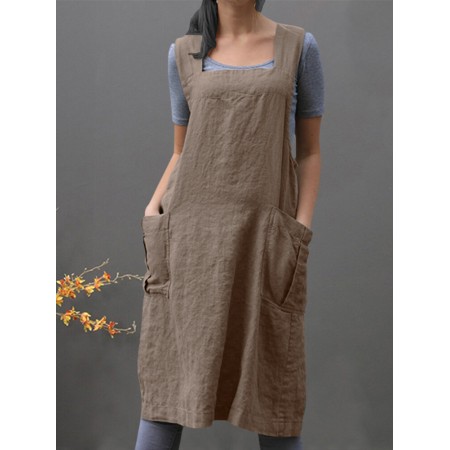 Women Sleeveless Side Pockets Cotton Loose Solid Color Vintage Apron Dress