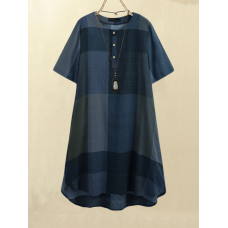 Women Vintage Plaid Print Button Front O-Neck Short Sleeve Loose Casual Shirt Dress With Pocket