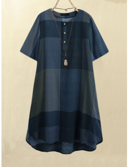 Women Vintage Plaid Print Button Front O-Neck Short Sleeve Loose Casual Shirt Dress With Pocket