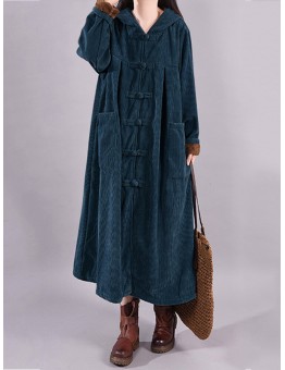 Corduroy Frog Button Solid Color Hooded Maxi Coats