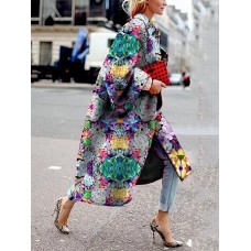Women Allover Floral Printed Long Sleeve Casual Lapel Coat