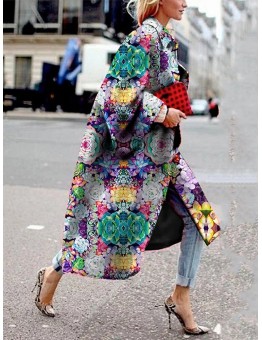 Women Allover Floral Printed Long Sleeve Casual Lapel Coat