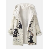 Women Cartoon Music Cat Print Zipper Front Long Sleeve Thick Hooded Coat