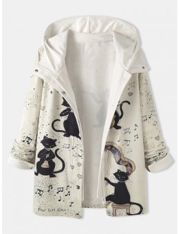 Women Cartoon Music Cat Print Zipper Front Long Sleeve Thick Hooded Coat