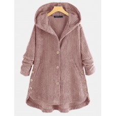 Women Corduroy Solid Color Side Button Coats Long Sleeve Hooded Jacket With Pocket