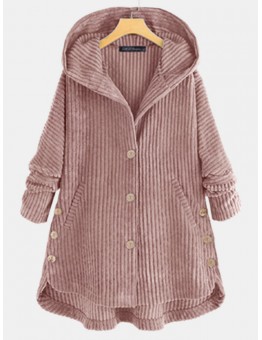 Women Corduroy Solid Color Side Button Coats Long Sleeve Hooded Jacket With Pocket