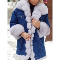 Women Distressed Denim Patchwork Warm Casual Faux Fur Coats