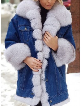 Women Distressed Denim Patchwork Warm Casual Faux Fur Coats