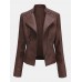 Women Faux PU Leather Solid Color Motorcycle Jacket