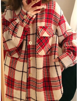 Women Plaid Warm Chest Double Pocket Long Sleeve Single-Breasted Coats