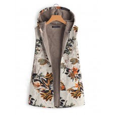 Women Sleeveless Zipper Floral Print Vest Outerwear Hooded Coats