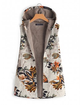 Women Sleeveless Zipper Floral Print Vest Outerwear Hooded Coats