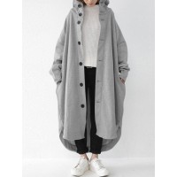 Women Solid Color Button Down Front Pocket Mid-Calf Length Hoodie Jacket