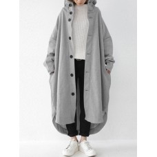 Women Solid Color Button Down Front Pocket Mid-Calf Length Hoodie Jacket
