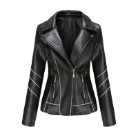 Women Solid Color Faux PU Leather Motorcycle Jacket With Pocket