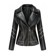 Women Solid Color Faux PU Leather Motorcycle Jacket With Pocket