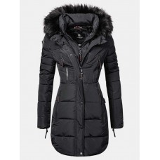 Women Solid Color Multi Pocket Zipper Front Faux Fur Collar Hooded Coat