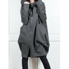 Women Solid Zip Front Fakes 2pcs Pocket Hooded Casual Coat