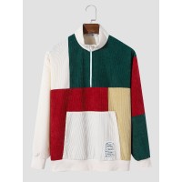 Men Color Block Patchwork Half Zip Corduroy Pullover Sweatshirts