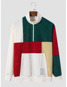 Men Color Block Patchwork Half Zip Corduroy Pullover Sweatshirts