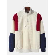 Men Corduroy Colorblock Patchwork Letter Embroidered Zipper Pullover Sweatshirts