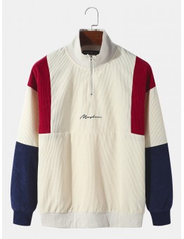 Men Corduroy Colorblock Patchwork Letter Embroidered Zipper Pullover Sweatshirts