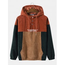 Men Corduroy Patchwork Contrast Color Embroidery Letter Hooded Sweatshirt