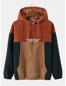 Men Corduroy Patchwork Contrast Color Embroidery Letter Hooded Sweatshirt