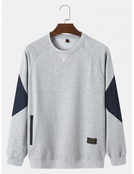 Men Cotton Geometric Patchwork Round Neck Pullover Sweatshirt