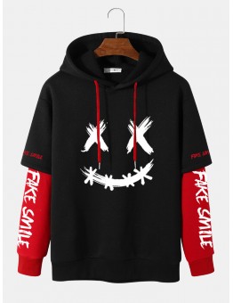 Men Faux Two Pieces Letter Drawstring Casual Hooded Sweatshirt