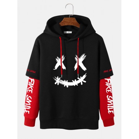 Men Faux Two Pieces Letter Drawstring Casual Hooded Sweatshirt