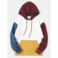 Men Knitted Patchwork Drawstring Kangaroo Pocket Hooded Sweatshirt