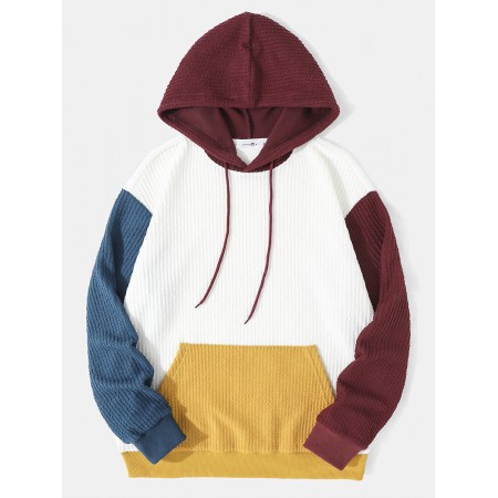 Men Knitted Patchwork Drawstring Kangaroo Pocket Hooded Sweatshirt