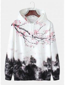 Mens Cheerry Landscape Print Kangaroo Pocket Drawstring Hoodies