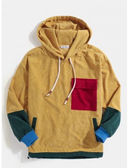 Mens Corduroy Vintage Patchwork Drawstring Hoodies With Flap Pocket