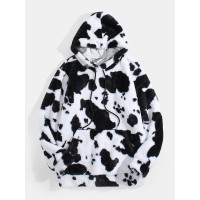 Mens Cows Print Fluffy Long Sleeve Plush Hoodie With Kangaroo Pocket