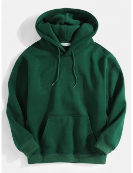 Mens Green Long Sleeve Drawstring Hoodies With Kangaroo Pocket