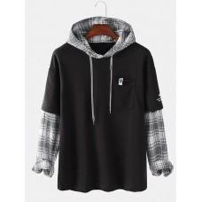 Mens Patchwork Plaid Contrast Faux Twinset Casual Drawstring Hoodies With Pocket