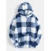 Mens Plaid Fluffy Plush Kangaroo Pocket Long Sleeve Hoodies