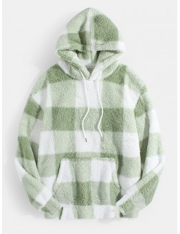 Mens Plaid Fluffy Plush Kangaroo Pocket Long Sleeve Hoodies